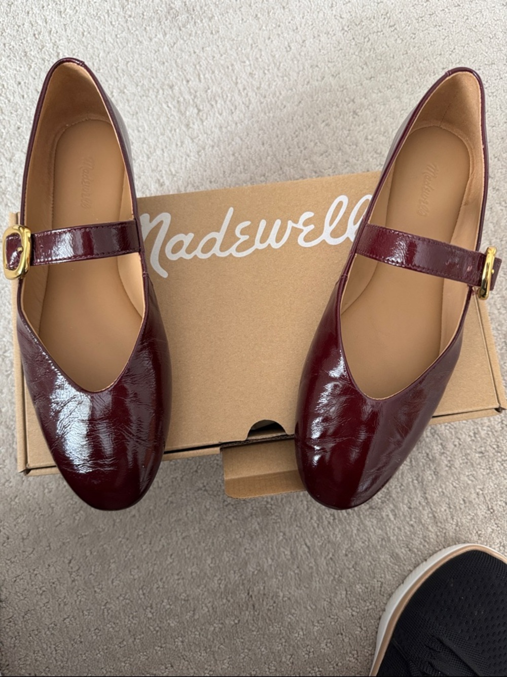 Madewell Patent Burgundy Mary Jane Flats with Gold Buckle